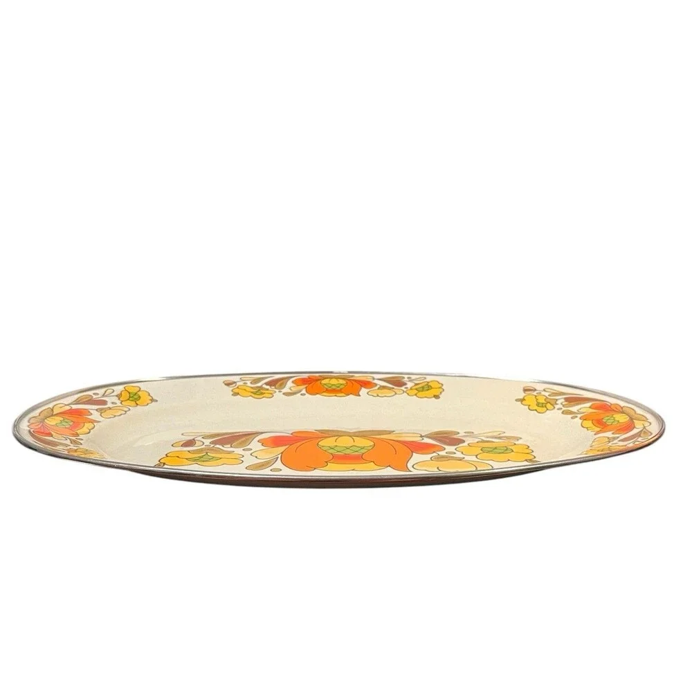 MCM Vintage 1970s Sanko Ware Porcelain Enameled Steel Country Flowers Platter